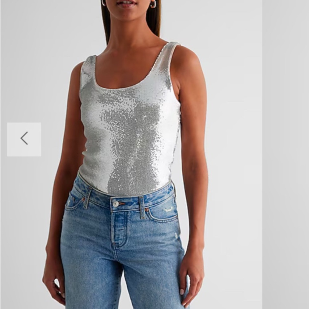 Express Body Contour Sequin Scoop Neck Bodysuit Silver M